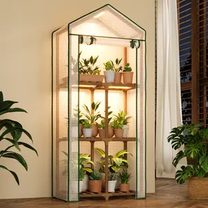 Bamworld Mini Greenhouse with Grow Light Plant Stand for Multiple Pots Outdoor 3-Tiered Reusable Portable Warm House with PE Cover Compact Patio Boho Home Decor