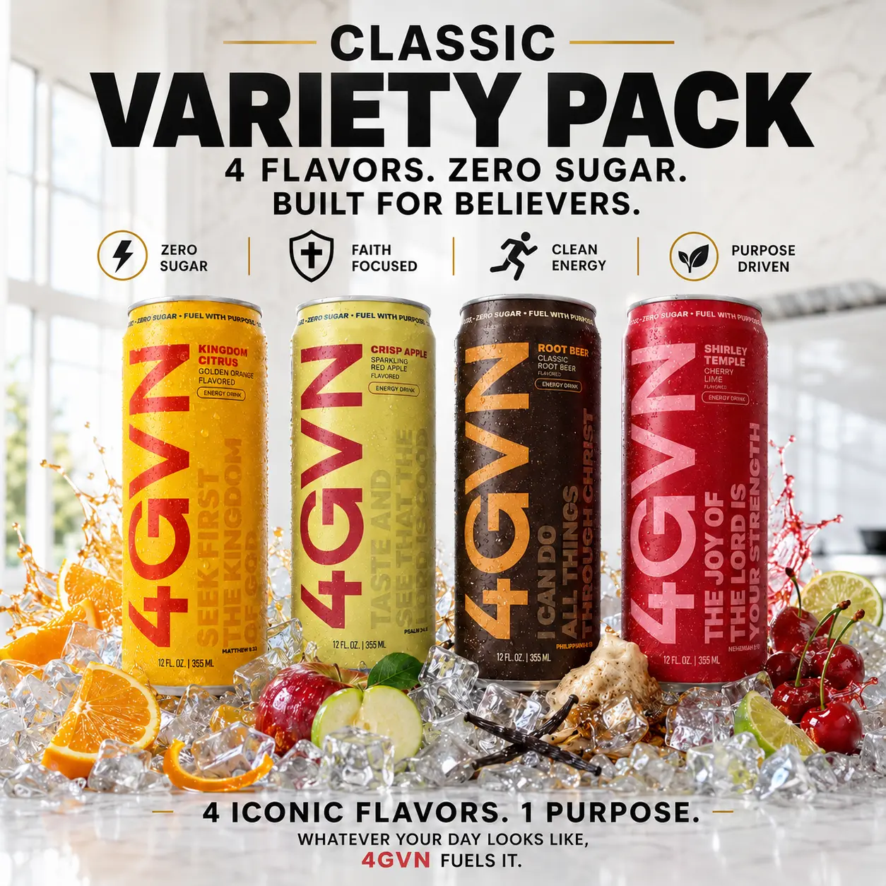 4GVN Christian Energy Drink – Classic Variety Pack, 12 Cans, 200mg Natural Caffeine, Zero Sugar Fizzy Fruit Flavor Soda, Built for Believers