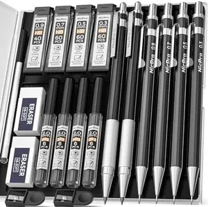 6 PCS Art Mechanical Pencil Set, Black Metal Drafting Pencil 0.3, 0.5, 0.7, 0.9 mm & 2PCS 2mm Graphite Lead Holder(4B 2B HB 2H) For Writing Sketching Drawing With 8 Lead Refills Eraser Case ticonderoga  pencil