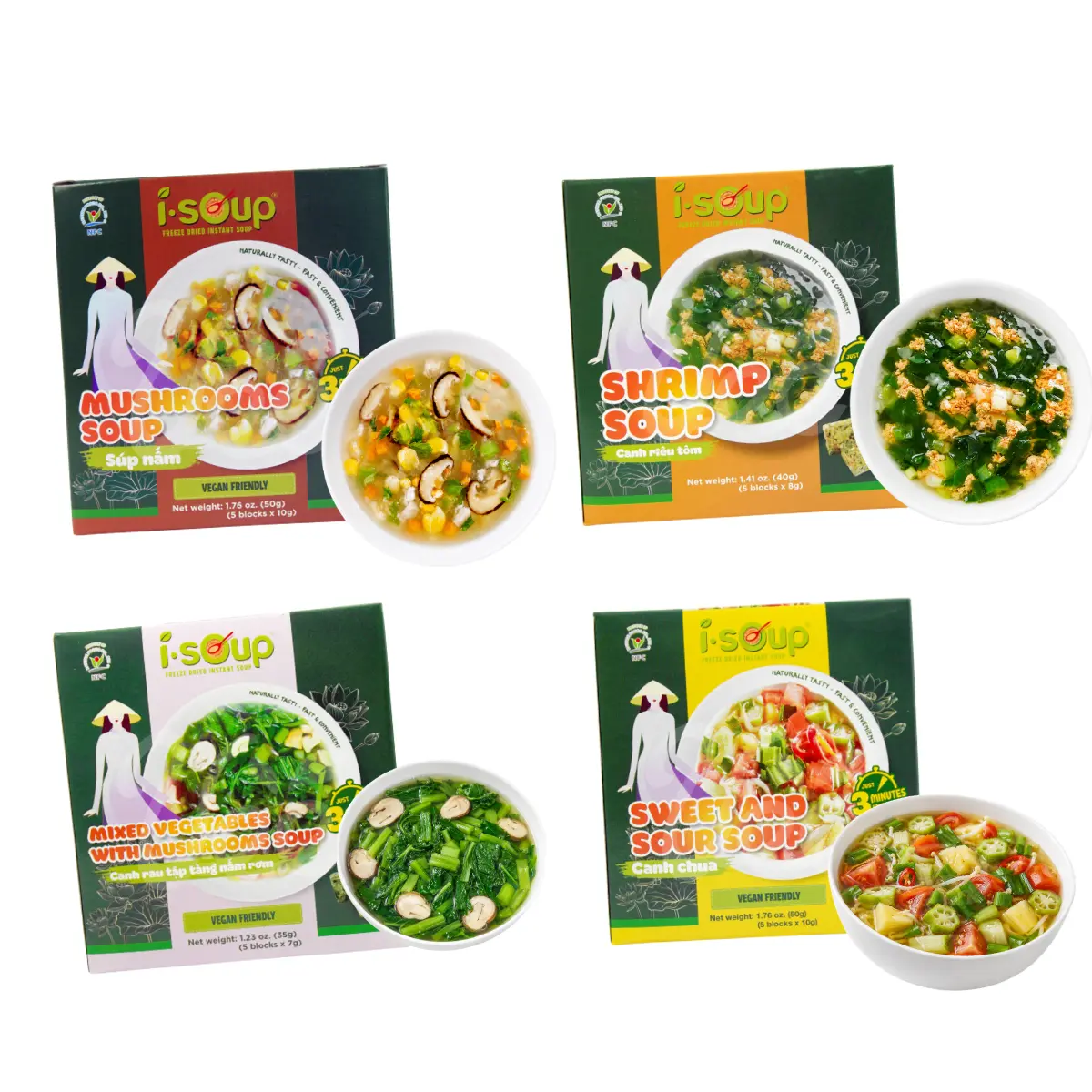 ISOUP Canh Ăn Liền Việt Nam – Mixed Vegetables / Mushroom / Shrimp / Sweet & Sour Soup