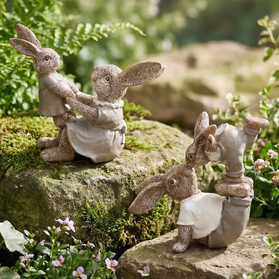 Vintage Resin Easter Bunny Ornament, Family Rabbit Decor for Garden, Living Room, Entryway, Retro Home Decoration, 1 Piece