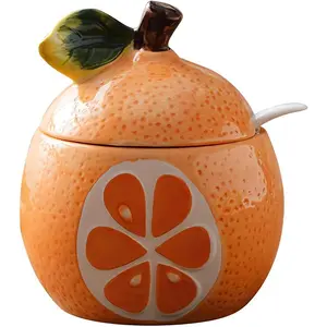 Ceramics Fruit Shaped Sugar Bowl Salt Pot Pepper Storage Jar with Lid and Spoon Seasoning Box Condiment Pots (Orange Pomelo)
