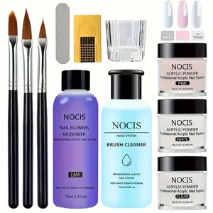 Acrylic Nail Art Kit, 1 Set Transparent Pinkish Nude Nail Powder & Non-yellowing Liquid & Brush Cleaner & Professional Nail Art Tools for Salon-quality & Home DIY, Nail Extensions