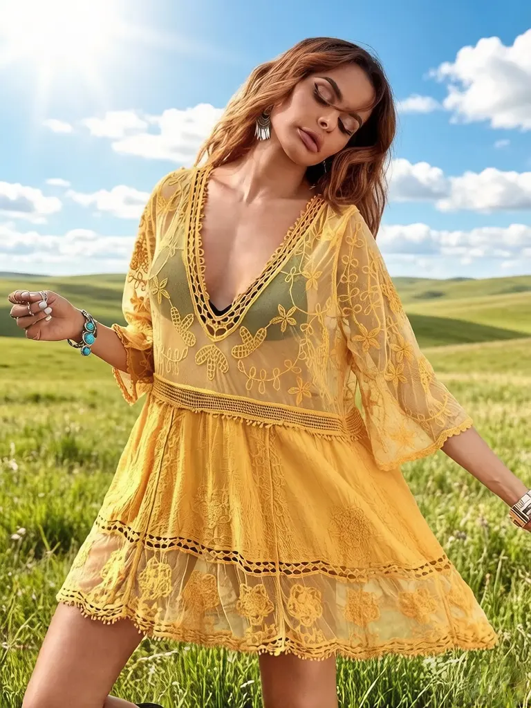 Women's New V-Neck Lace Embroidered Sun Protection Swimsuit Coverup, Lace-Trimmed Bikini Cover Up for Beach Use, Cover Ups Swimsuits