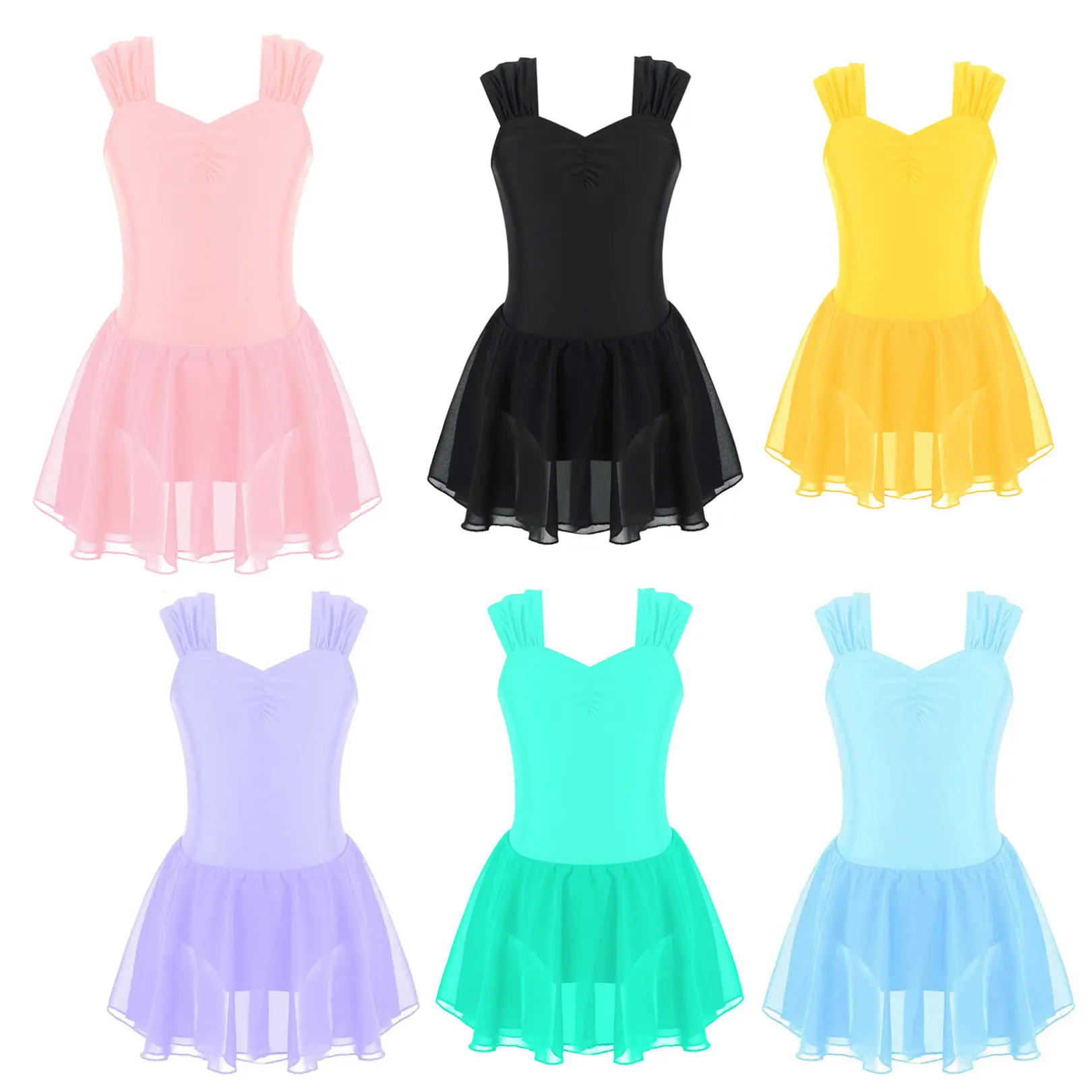 easyforever Girls' Sleeveless Solid Nylon Dance Dress, Breathable Chiffon Skirted Leotard for Ballet, Gymnastics, or Casual Wear, 20% Chiffon, 20% Spandex, 50% Polyester