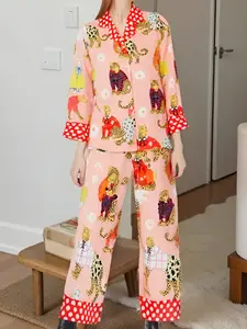 Women's Girly Long-Sleeve Pajama Set Pjs - Fitted Cute Cartoon Animal Leopard Print Loungewear with Daisies, Red Heart Trim Collar & Cuffs, Sweet Home Sleepwear for Daily Relaxation Wear for Spring&Fall Pyjamas Womenswear