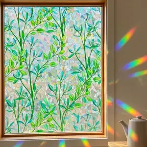 Stained Glass  Window Film  Prism Green Leaves Sliding Door Cover Static Cling Rainbow Suncatcher Coverage Tint Anti UV Heat Control No Glue Resuable  Office,35x157 in.