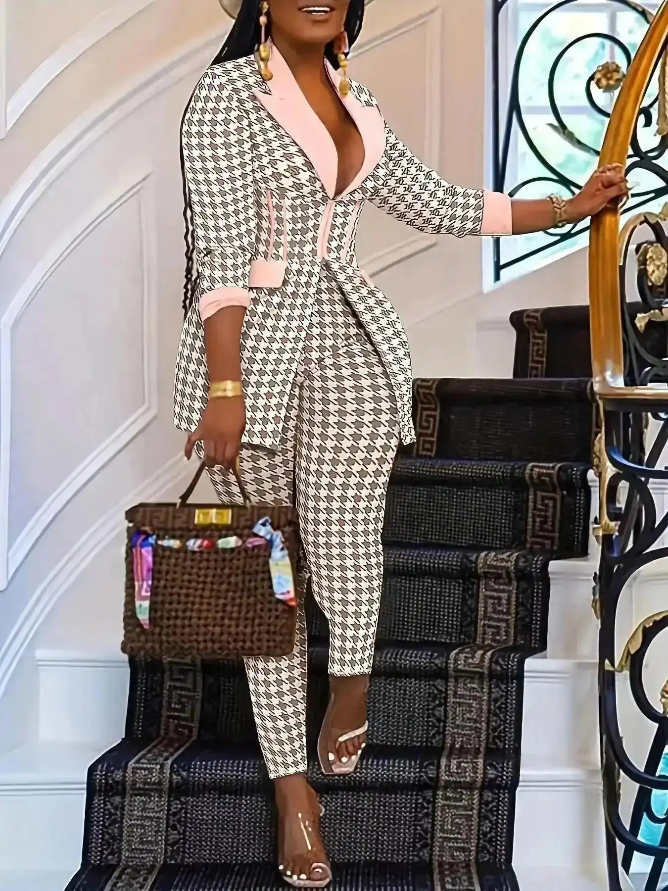 2026 Two-Piece Set Women's Houndstooth Print Blazer & Skinny Pants, Elegant Formal Fashion Casual Comfy for Daily Outdoor Wear, Ladies Clothes for All Seasons