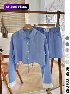 Women's Striped Print Button Front Shirt & Shorts Two-Piece Set, Casual Fitted Long Sleeve Collared Top & Shorts for Spring & Fall, Ladies Clothes for Daily Wear, Womenswear, Striped Sets, Tops Shorts Set