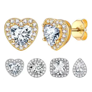 FindChic Birthstone 14K Gold Plated Studs Earrings for Women Heart/Round/Square/Teardrop Earrings with Sterling Silver Posts Push Backs, Hypoallergenic Golden Silver Color Studs with Cubic Zirconia Birthday Jewelry Gift for Women Girls