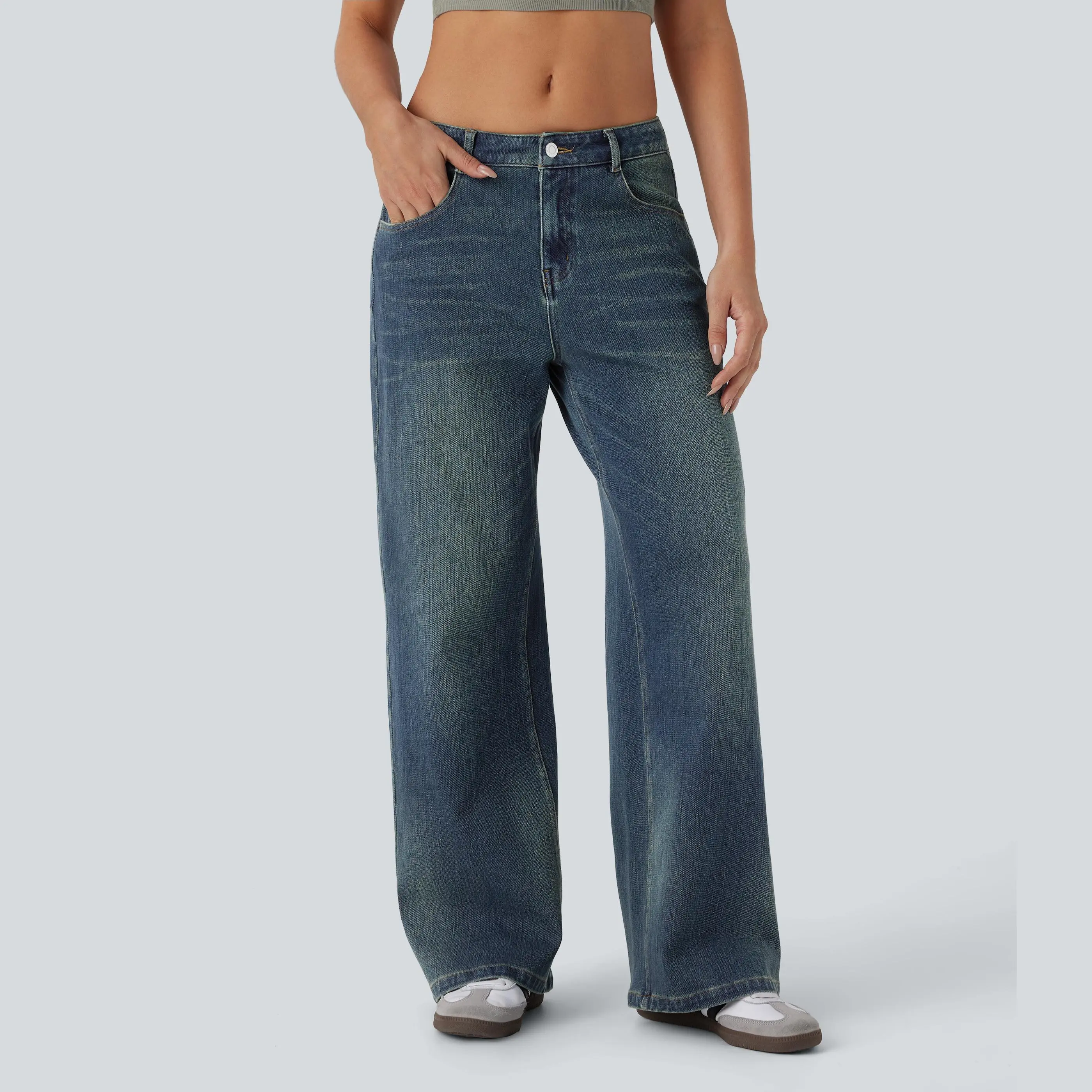 Halara Flex Low Rise Multiple Pockets Baggy Wide Leg Washed Stretchy Knit Casual Jeans #BackToSchool