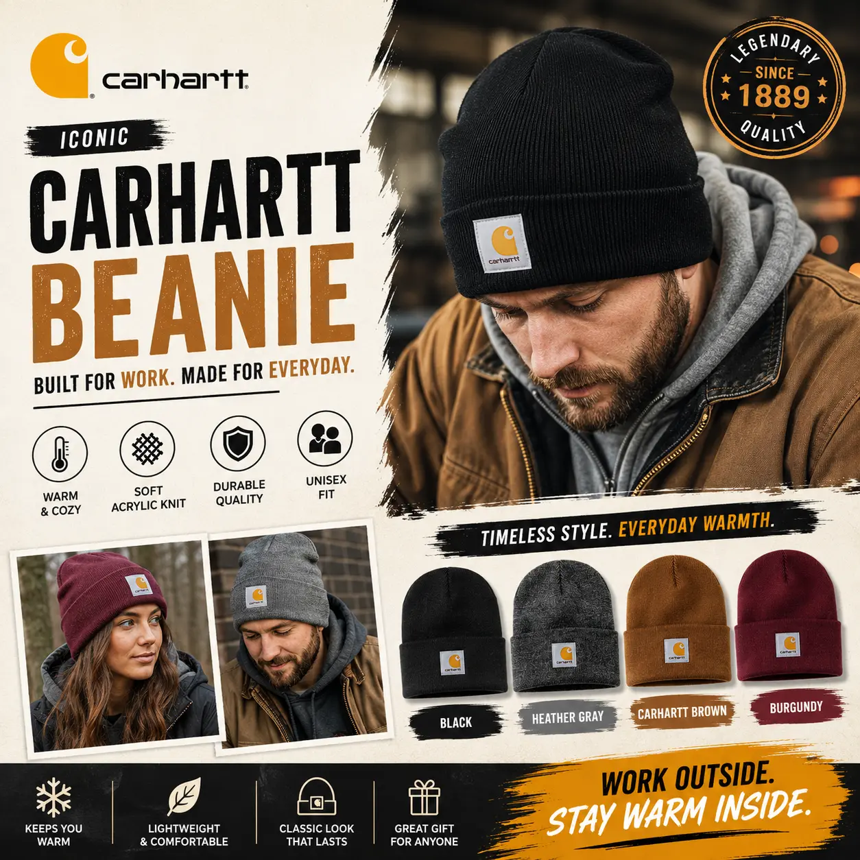 Carhartt Knit Beanie Hat Unisex Winter Warm Cuffed Skull Cap Soft Stretch Ribbed Watch Cap for Men Women Brown Gray Black Streetwear Fashion Casual Outdoor Ski Snowboard TikTok Viral Trendy Winter Accessories Gift 2026