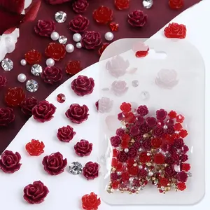 100pcs Valentine's Day Camellia Nail Decorations, Large Resin Rose with Rhinestones and Pearls, Romantic Nail Art Accessories