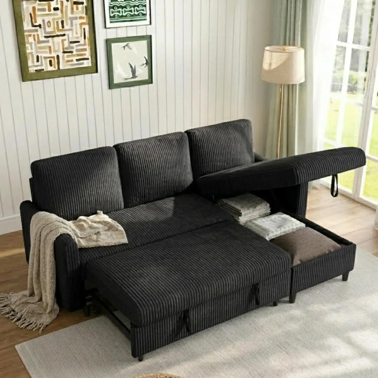 77" Sectional Sleeper Sofa with Pull Out Bed, L-Shaped Corduroy Couch with Storage Chaise, Reversible Sofa Bed for Small Spaces, Living Room, Apartment and Office, Black
