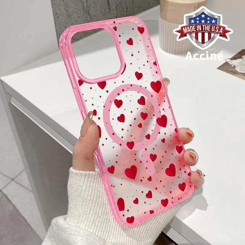 Magnetic Smartphone Cellphone Case for iPhone 17,16 E Pro Max,15 Plus,14,13,12,11 - Valentine's Day Hearts in Flurry Pattern, Shockproof Soft Silicone Transparent Acrylic Casing, Wireless Charging Support, Full Protection Cover, Accessories