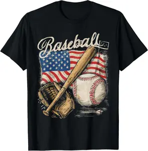 American Flag Baseball Player Bat Fan Catcher Pitcher USA Graphic Print Shortsleeve Cotton T-Shirt