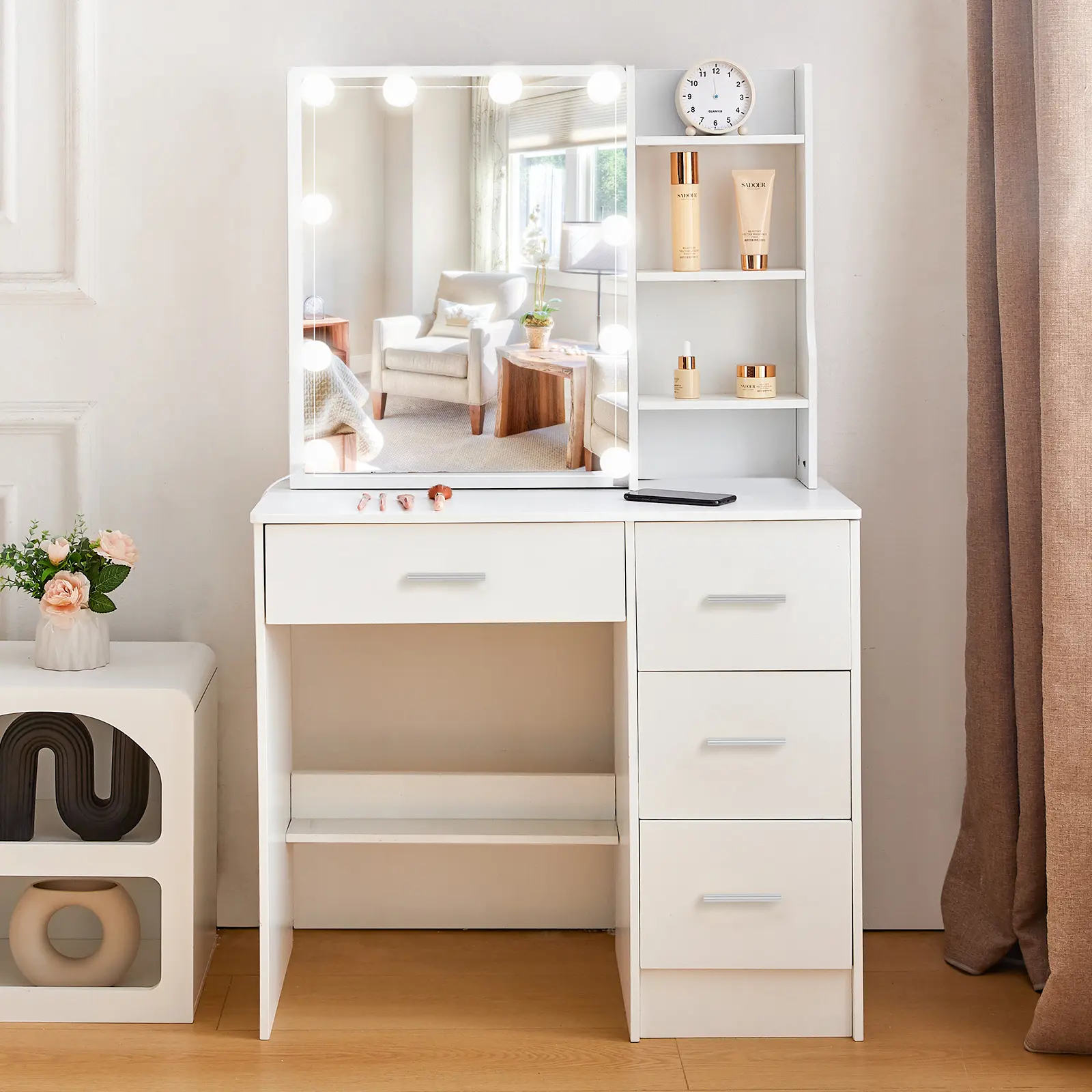 White Makeup Vanity Set with 10 LED Light Mirror, 4-Drawers, Bedroom Dresser Desk and Makeup Storage Desk