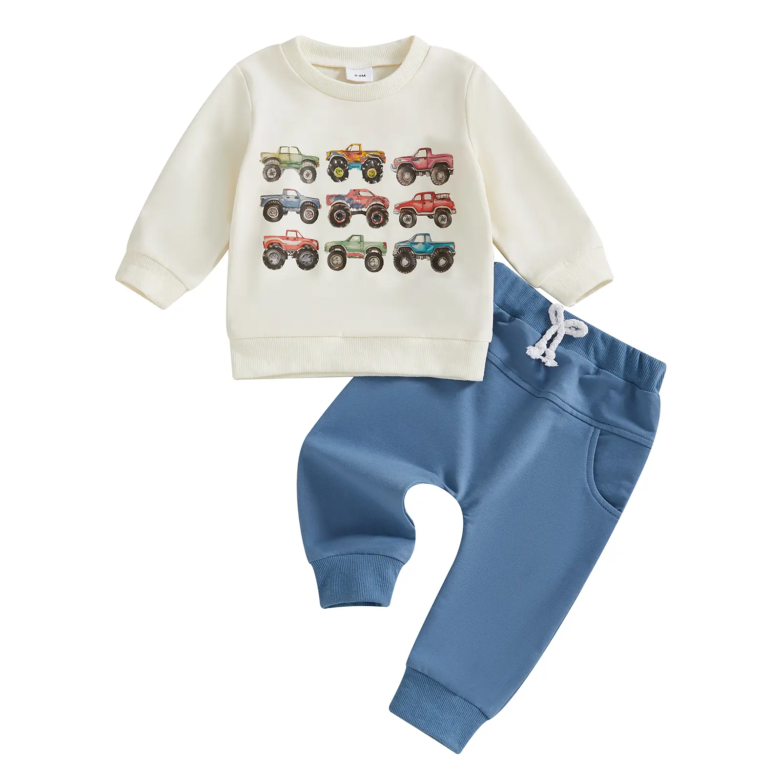 Baby Boy Retro Truck Print 2-Piece Fall Outfits - Polyester Blend Long Sleeve Sweatshirt, Long Pants (1x Tops + 1x Pants, 3-4 Years)