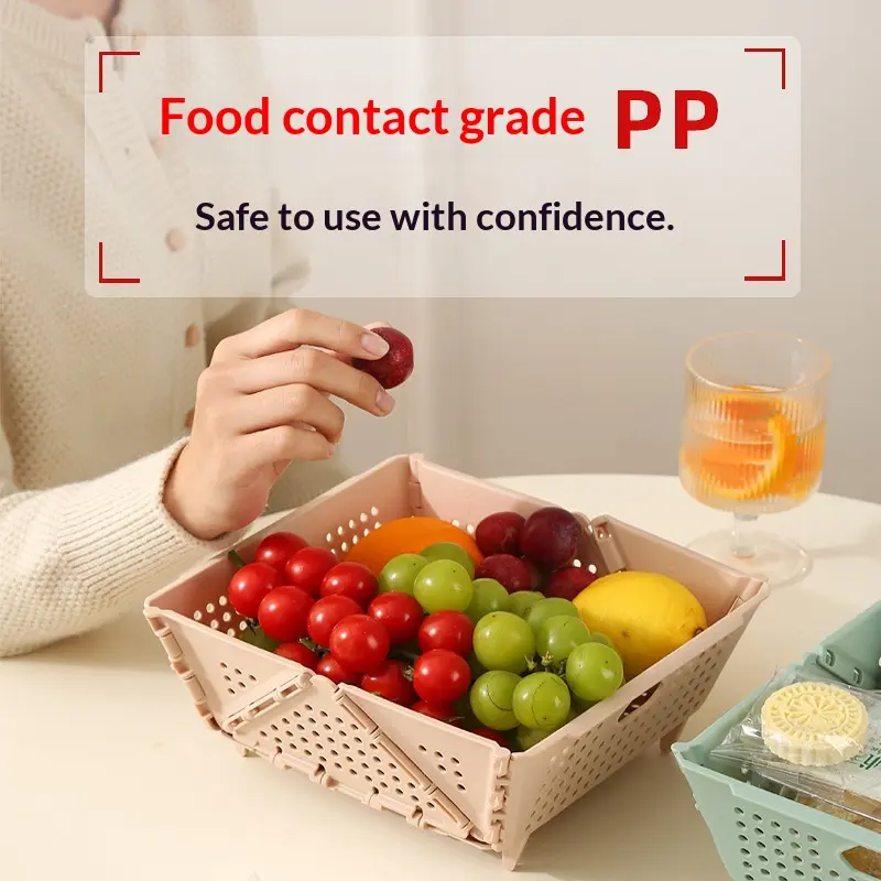 Foldable Rectangular Compact Plastic Fruit Basket - Safe Food-Grade PP, Fruit Storage, Food Storage Organiser for Household Kitchen Use, With Zip