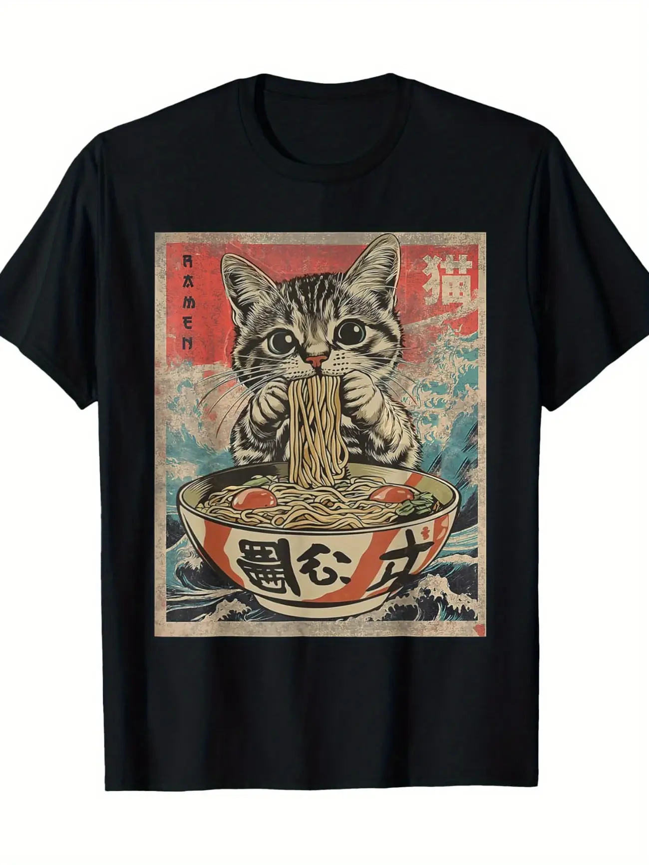 Adorable Cat Eating Noodle T-Shirt - Unique Graphic Tee for Cat Lovers Casual Menswear