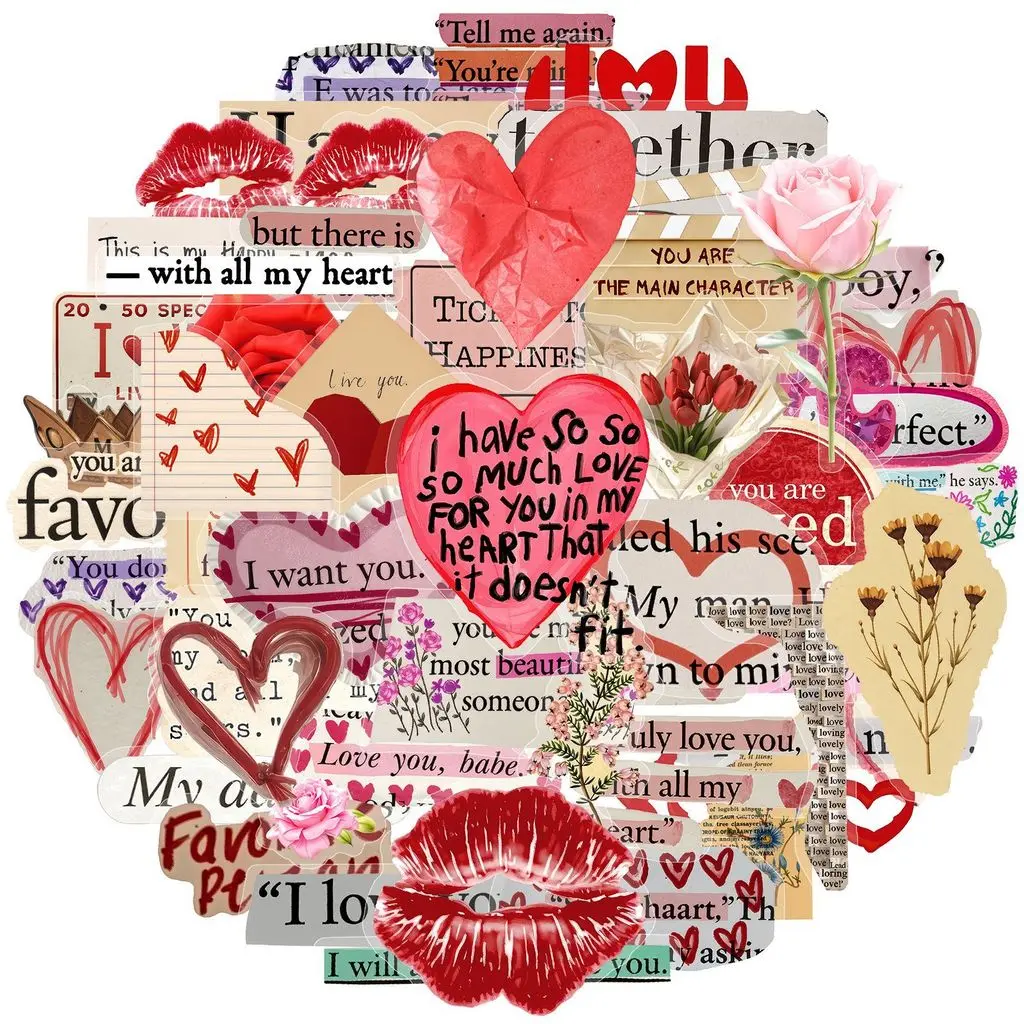 Girlish Valentine's Day Love Doodle Stickers (50 Pcs) - PET Decorative Stickers for Journals, Stationery, Scrapbooking, DIY Crafts & Scrapbook Accessories