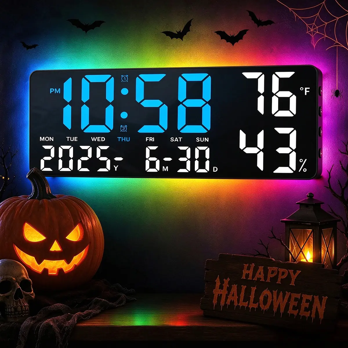 Halloween Digital Alarm Clock for Waking Up, Large LED Bedside Clock with Dual Alarm, Temperature & Humidity Display, USB Powered, Countdown Timer, Adjustable Brightness, 10.63×1.97×3.15in Halloween Room Decor, Alarm For Waking Up