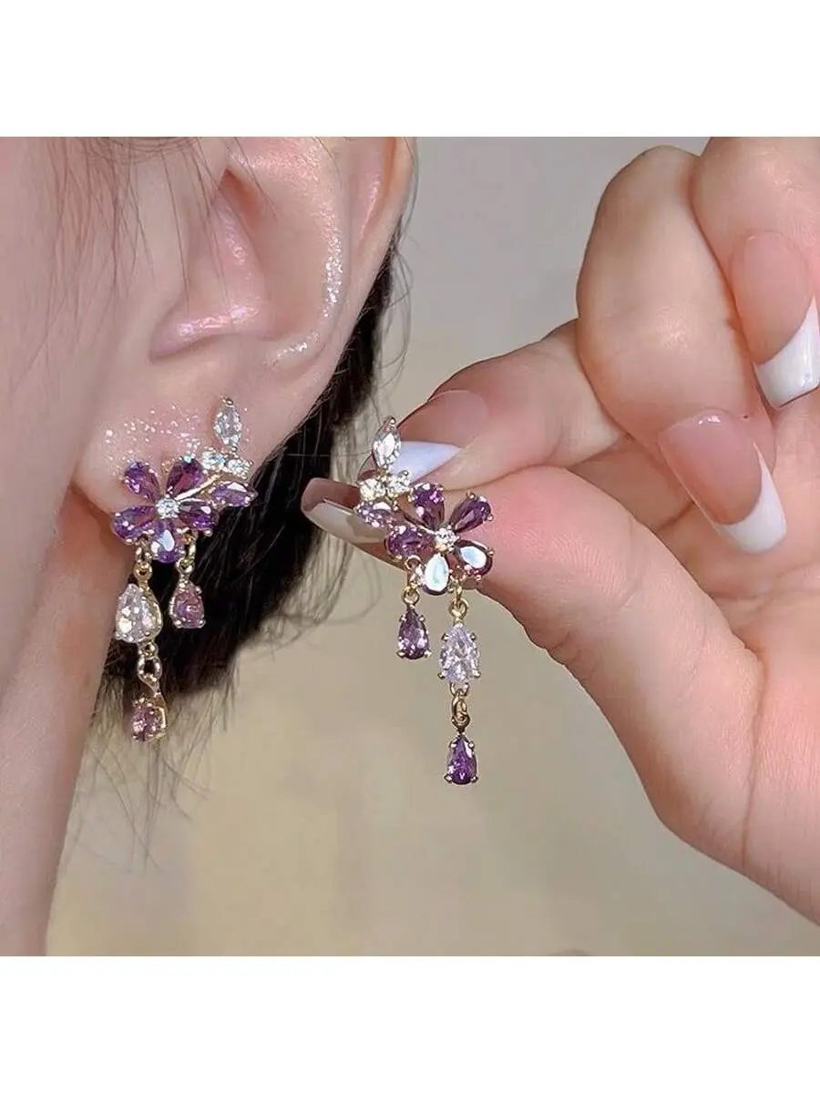 Sweet purple flower pendant earrings, high-end tassel earrings, women's jewelry, fashionable women's essential items, suitable for daily wear