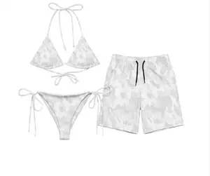 White Camo Matching Couple Swimwear – Tie Side Thong Bikini & Men’s Beach Shorts Set, His & Hers Summer Beach Vacation Swimsuits