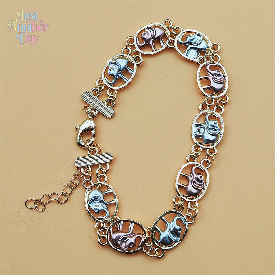 Tri Tone Elephant Charm Bracelet Gold Tone Chain with Blue and Purple Elephant Charms Each Elephant in Oval Frame Adjustable Extension Chain Lucky Animal Jewelry for Men and Women Perfect for Daily Wear and Gifting Lightweight and Durable