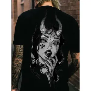 GGOR T-Shirt with Demon Woman Japanese Symbol Wearing Horns And Face, Neckband Around Neck, Hands on Lips, Y2K Style, Hip Hop Street Style, Digital Print, Perfect Gift, Valentine'S Day, Plus Size
