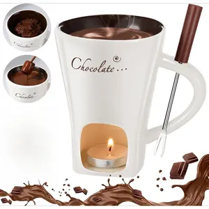Chocolate Fondue Mug with Fork and Candle Sweet Ceramic Personal Chocolate Melting Cup Chocolate Fondue Mug Ideal Gifts for Birthday Date Night Birthday Wedding Gifts (White)