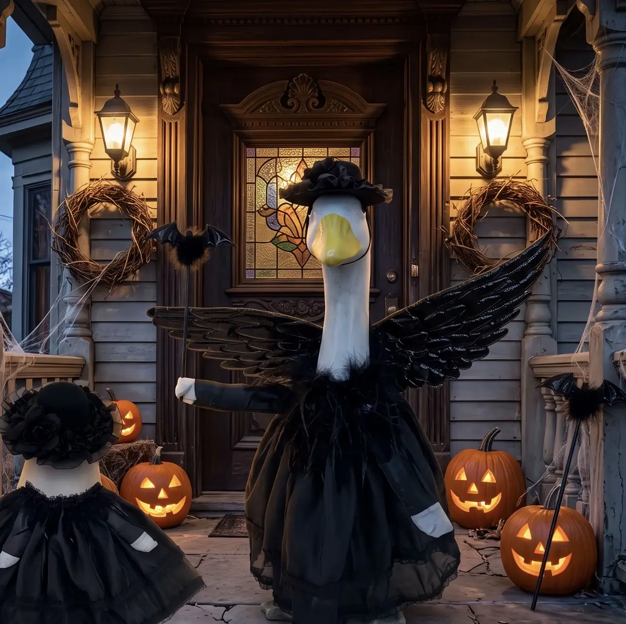 Gothic Goose Halloween Costume Set - 5-Piece Reusable, Lightweight, Elegant Ballet Outfit with Detachable Skirt, Black Swan Tutu Dress, Feather Wings, Bat Props, Headpiece for 23" Porch Pet Goose Statue
