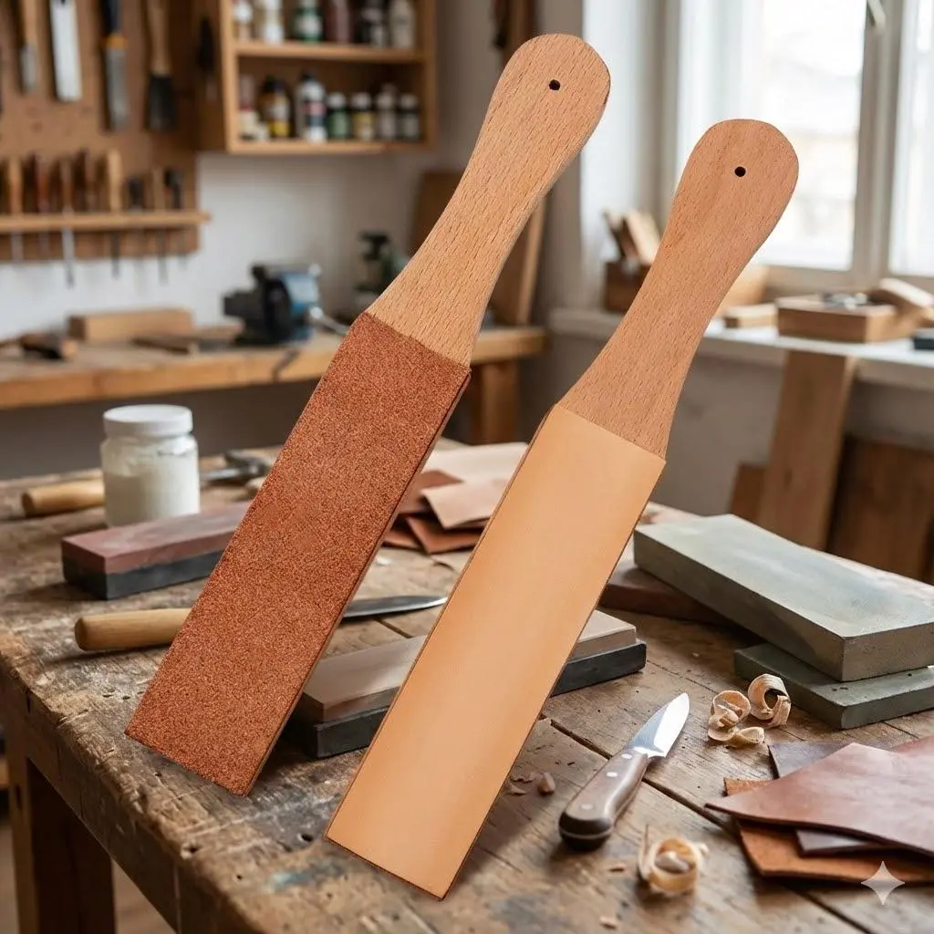 Handmade Wooden Paddle Strop, Double-Sided Leather Sharpener for Polishing and Honing Kitchen Knives, Razors, and Outdoor Tools