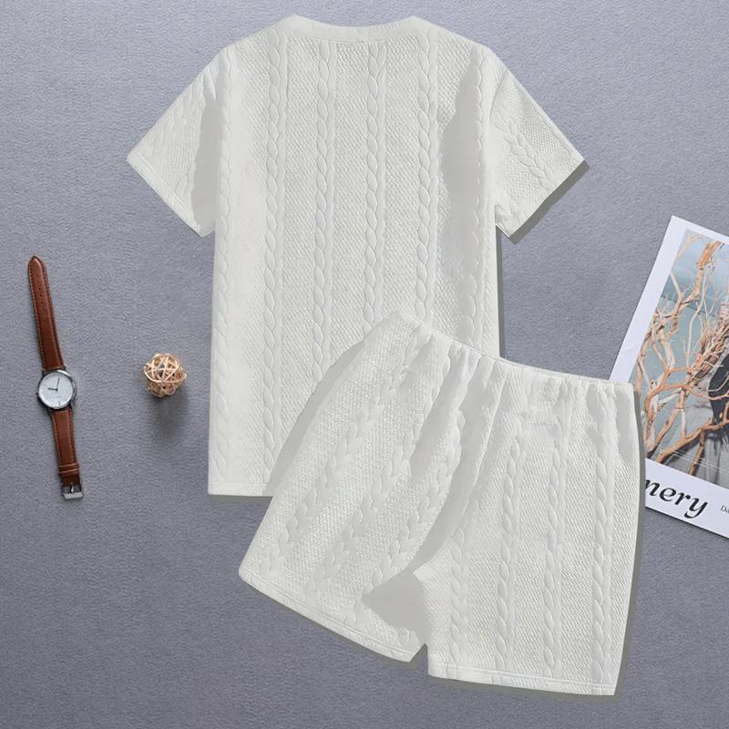 Men’s summer casual fashion set featuring a crew neck short-sleeve top and shorts, with woven texture and embossed pattern design that showcases a gentleman boyfriend style—an ideal choice for holiday gifts.