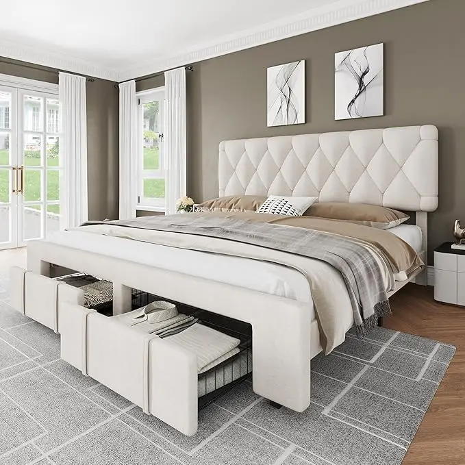 Bed Frame, Upholstered Platform Bed Frame with Storage Drawers, Mattress Foundation with Solid Wooden Slats Support, No Box Spring Needed