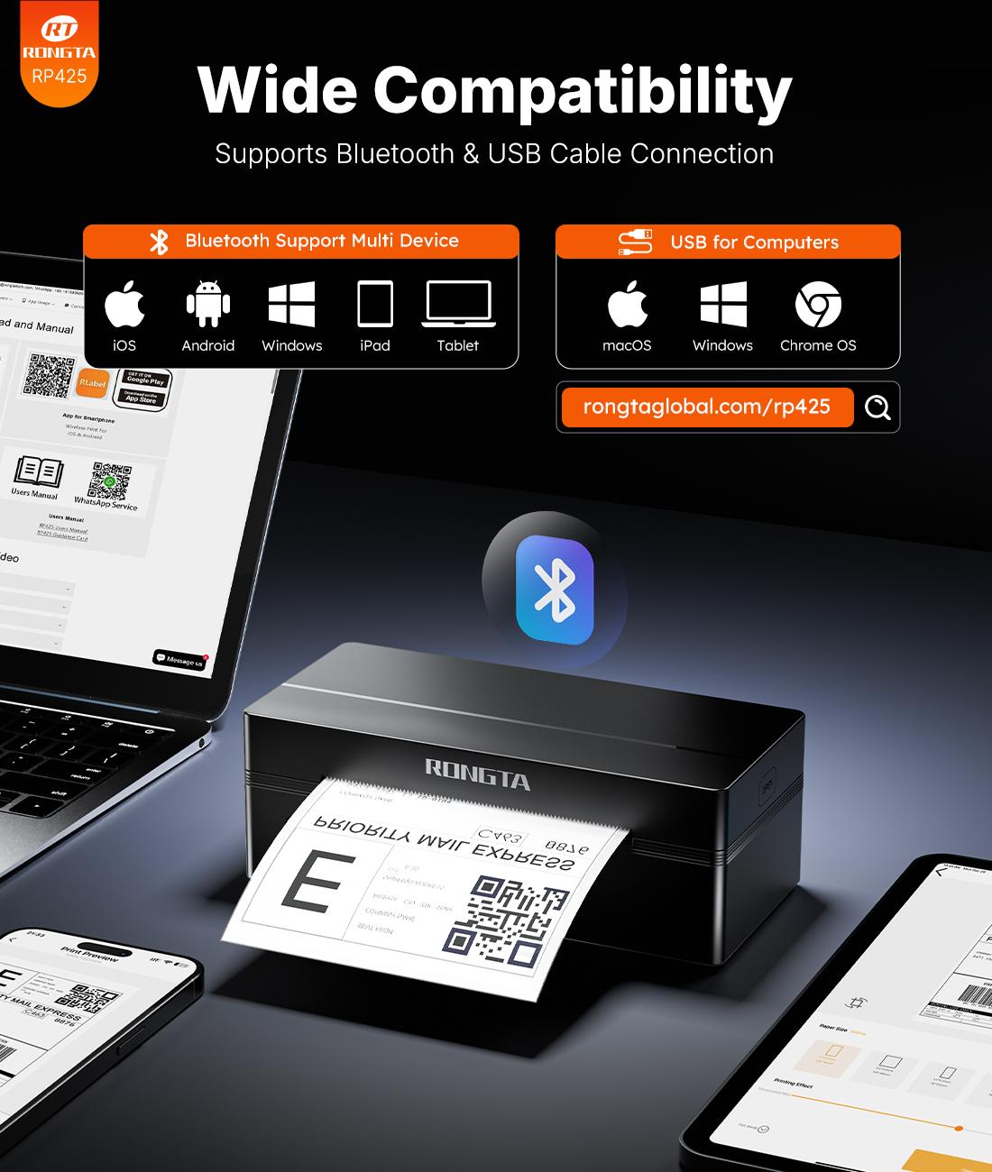 RT  Shipping Label Printer, Bluetooth Wireless Thermal Label Printer, Compatible with iOS, Android, Windows, Mac, Chromebook, Widely Used for Etsy, Ebay, Shopify, USPS Printing Machine