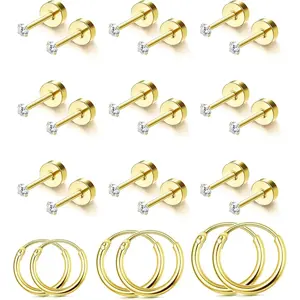Micro hypoallergenic flat back earrings - Male and female surgical steel earrings 14K gold-plated flat back stud earrings 20G small cartilage earrings 12 pairs 2/3/4mm rear rotating earrings