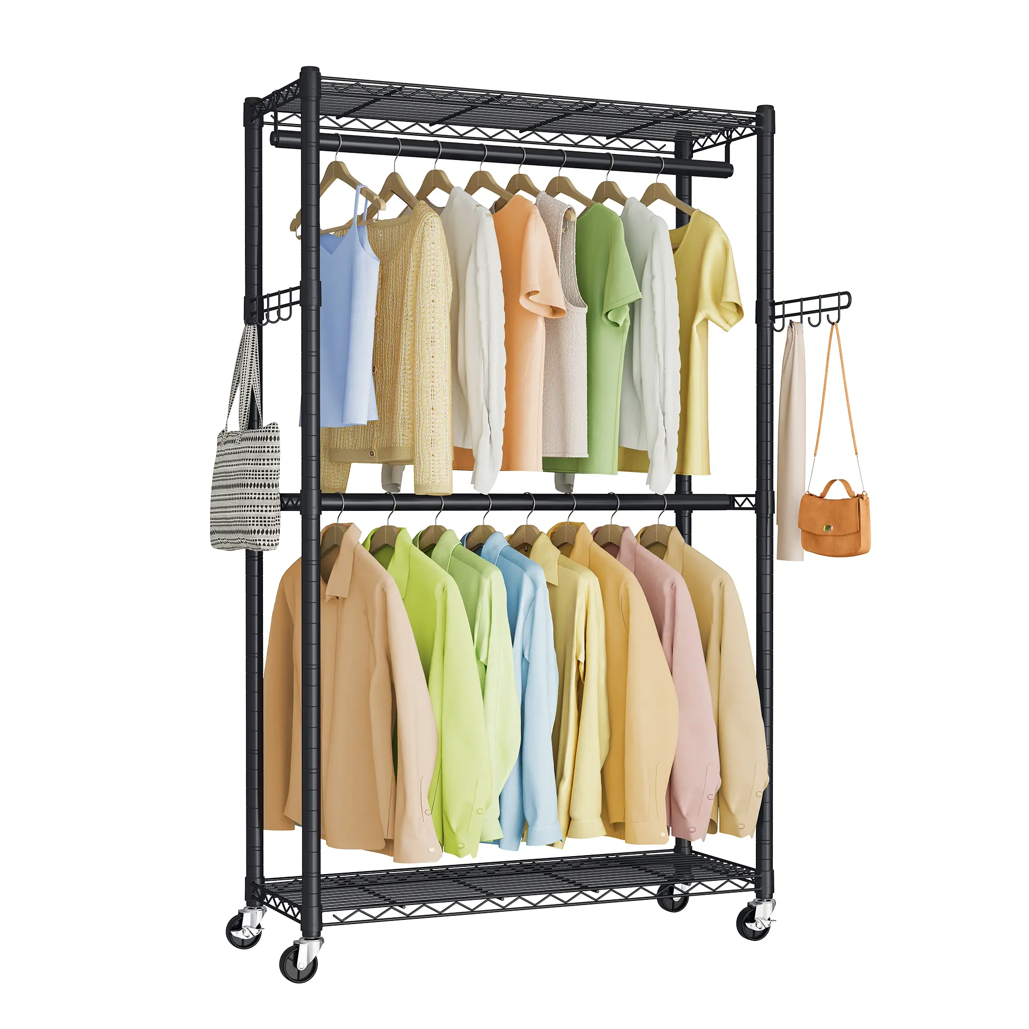 SONGMICS Heavy-Duty Rolling Clothes Organiser Rack, Hangable Indoor Coat Rack Closet Storage Organizer with Adjustable Rails, Mesh Shelves, Hanging Hooks, Portable on Wheels, 15.8x35.4x78.3 In, Rolling Wheels