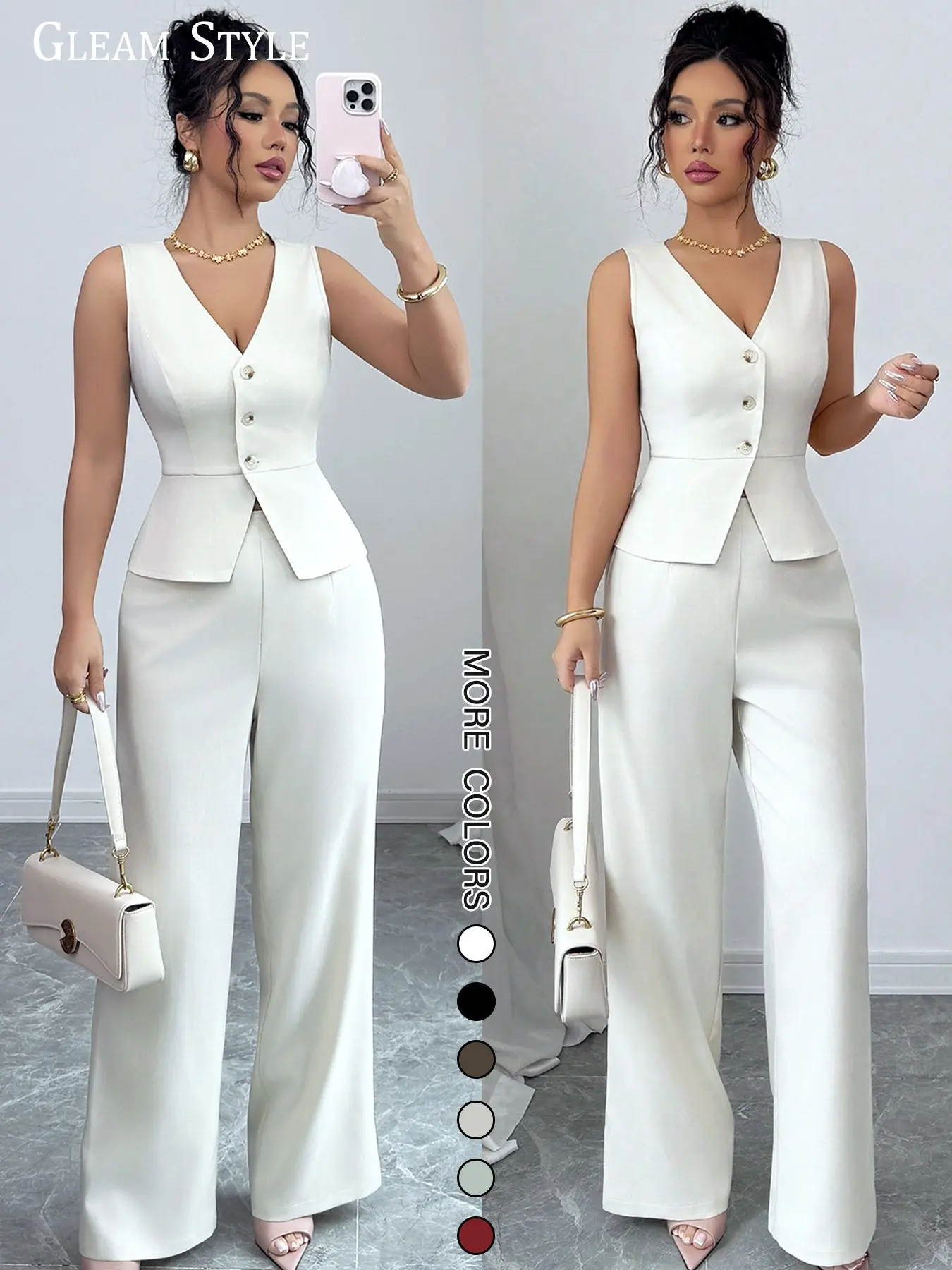 2026 New European and American Women's 2-Piece Set Suits, Waist-Cropped Slim Fit Sleeveless V-Neck Vest Top + Wide Leg Pants, Fashion Professional Chic Elegant