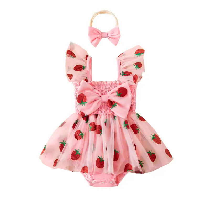 Baby Girl 1st Birthday Outfit - Strawberry Sweet One Romper With Tulle  Skirt & Headband Set