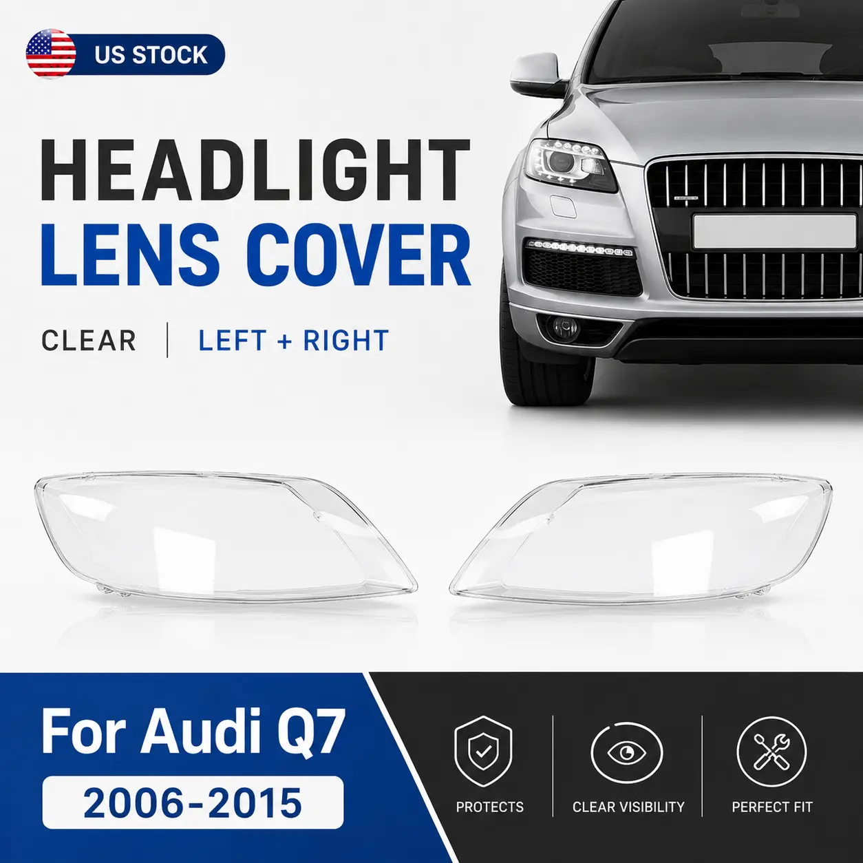 Front Headlamp Lens Housing Replacement Compatible With Audi Q7 4L 2006-2015 Clear Headlight Cover Pair