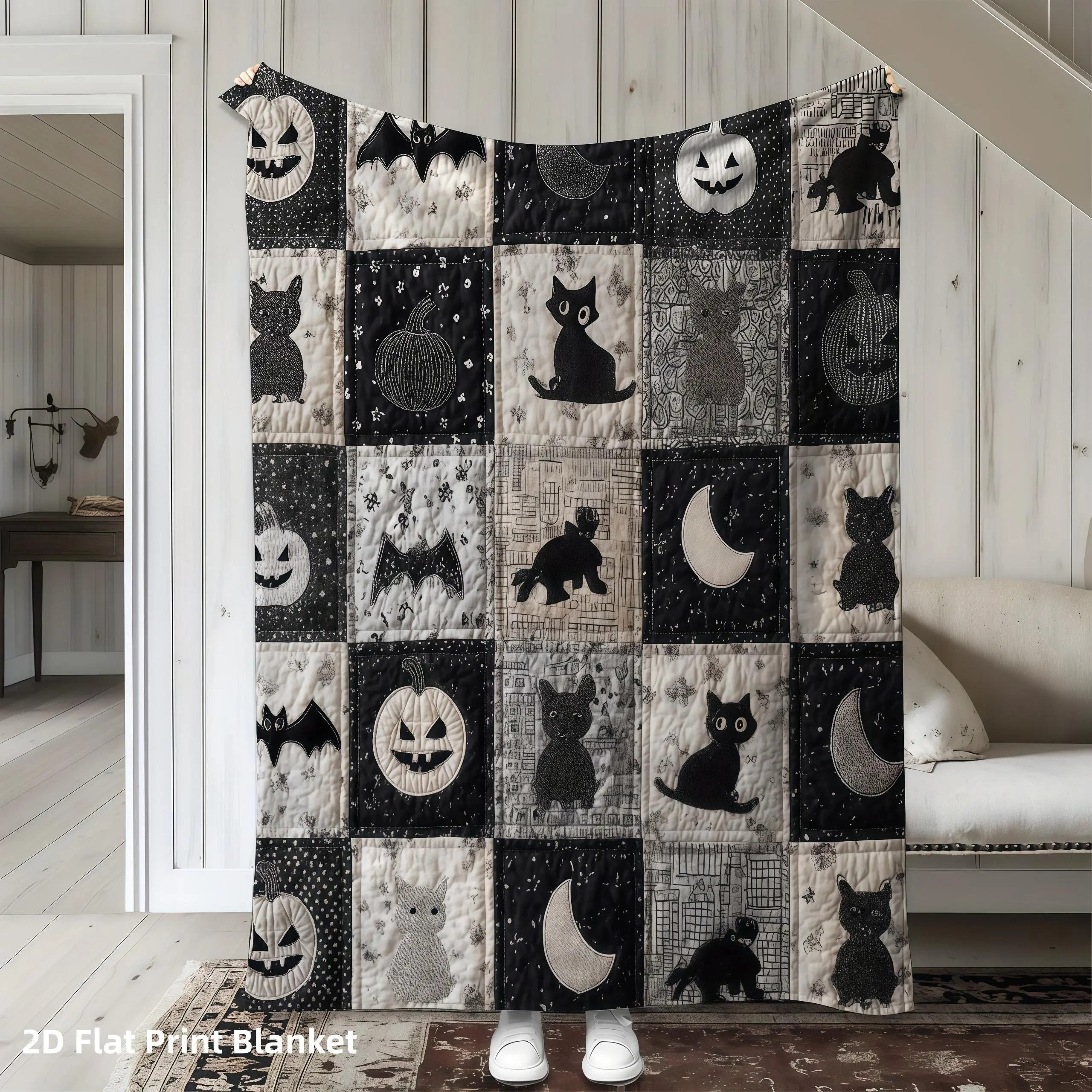 【Blanket】Halloween Black Cat Jack O Lantern Bat Moon 2D Flat Print  Blanket Soft Throw Plush Blanket Minimal Vintage Farmhouse Halloween Aesthetic Bedroom Couch Nap Blanket Giftable Neutral Spooky Fall Decor Blanket For Room Party Day Gift Popular