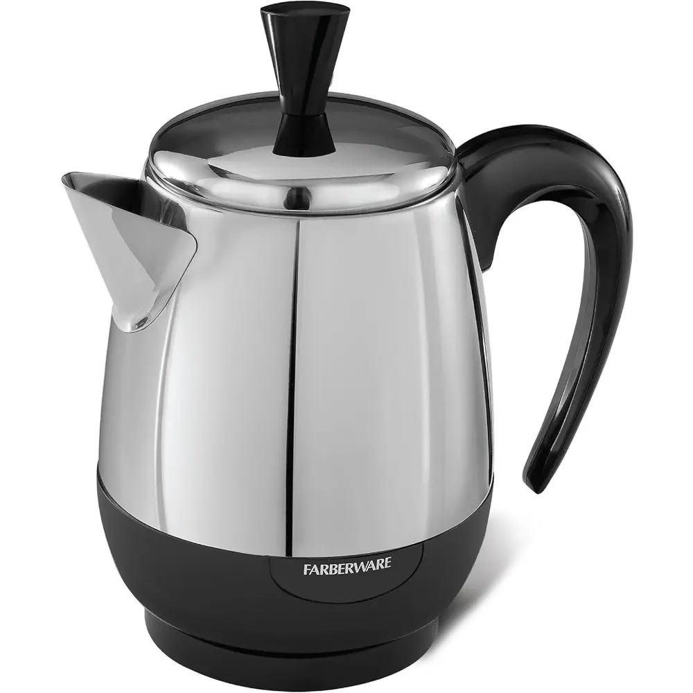 Electric Percolator Coffee Pot - Metal Coffee Maker with Stainless Steel Basket, Automatic Keep Warm, No-Drip Spout, Up to 4 Cups