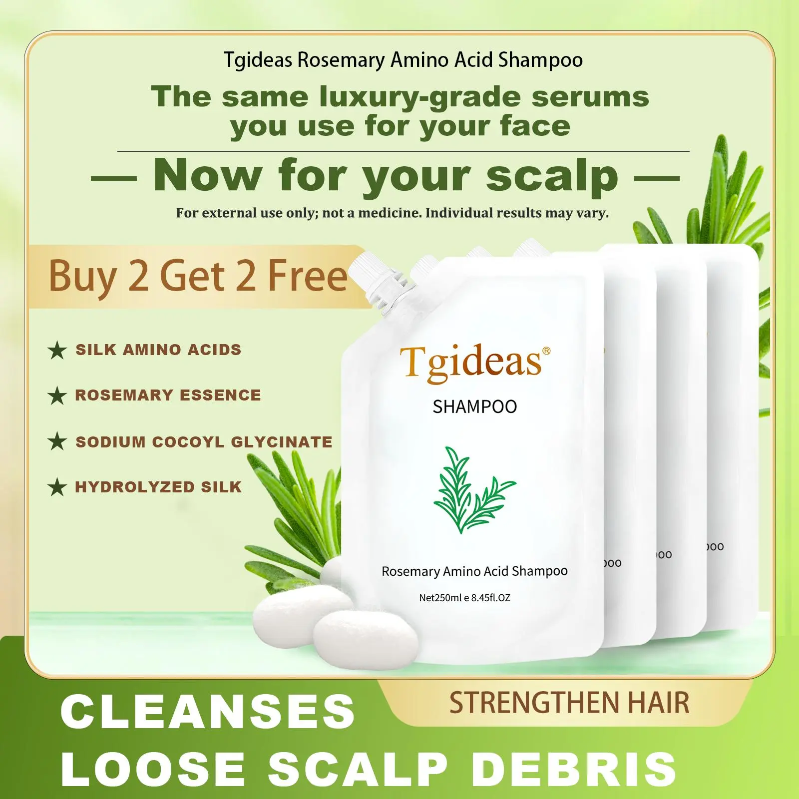 【 Buy 2-Get 2 Free!】Tgideas Anti-Hair Fall Hair Loss Treatment Shampoo Oil Control Anti Dandruff Haircare Rosemary Zinc PCA Help Hair Growth Amino Acid Hydrolyzed Protein Repair Reduce Hair Loss Scalp Cleanser Conditioner 250ML#SummerWins #DealsForYouDays