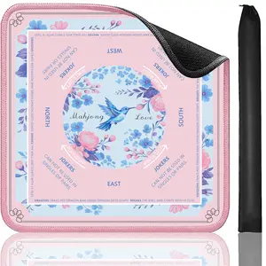 Pink American Mahjong Mat with Rules, 31.5" x 31.5" Non-Slip Noise Reduction Table Cover, Waterproof Gaming Mat for Cards, Poker, Dominoes, with Travel Bag - Hummingbird Peony Design