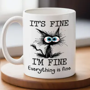 Sweet Mood Shop - Funny Cat 11oz/ 15oz Ceramic Mug – “I’m Fine, Everything is Fine” Coffee Cup with Cute Cartoon Cat Design, Stress Relief Gift for Cat Lovers, Friends or Office Use