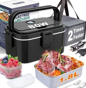 Electric Lunch Box for Adults with 2 Stainless Steel Containers 1.5L 80W Heated Lunch Boxes for Men Electric LunchBox Food Heater Portable 12/24/110V for Work Car Truck (Black)