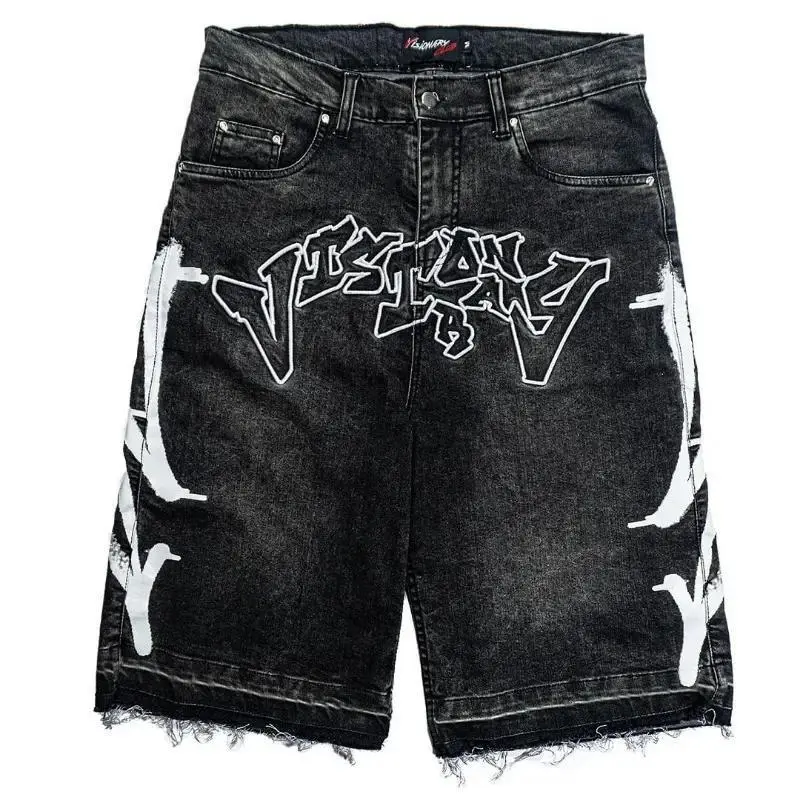 New Harajuku Letter Embroidery Black Jeans for Men Hip Hop Vintage Baggy Shorts for Men Casual Gym Denim Shorts Streetwear Menswear Wetsuit  graphic shorts Pants Tropical Trouser Motocross