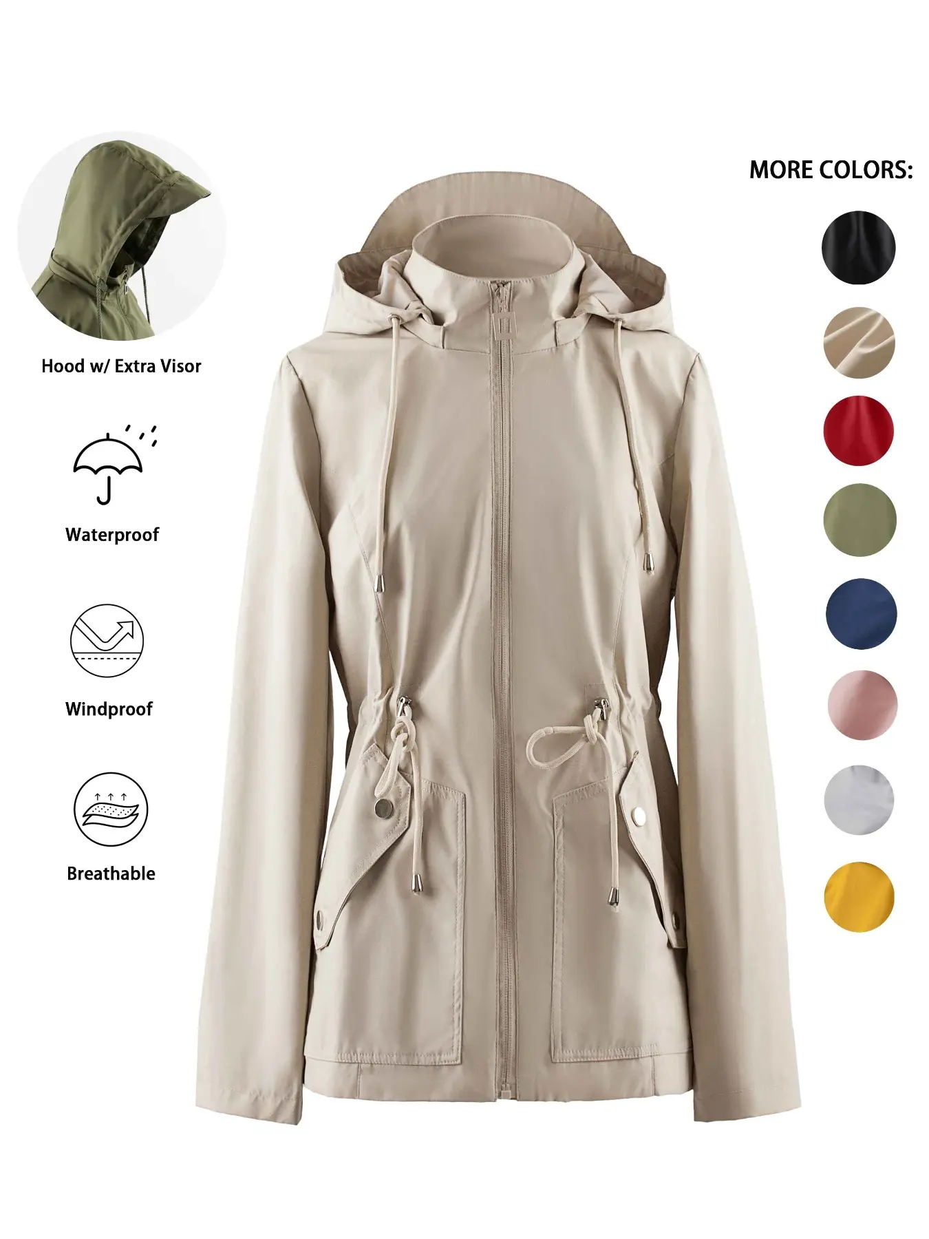 Women's Solid Woven Adjustable Drawstring Pocket Zipper Design Hooded Jacket Coats, Casual Basic Long Sleeve Button Waterproof Windbreaker Jacket for Spring & Fall, Ladies Clothes for Outdoor Activities Hooded Outerwear Womenswear