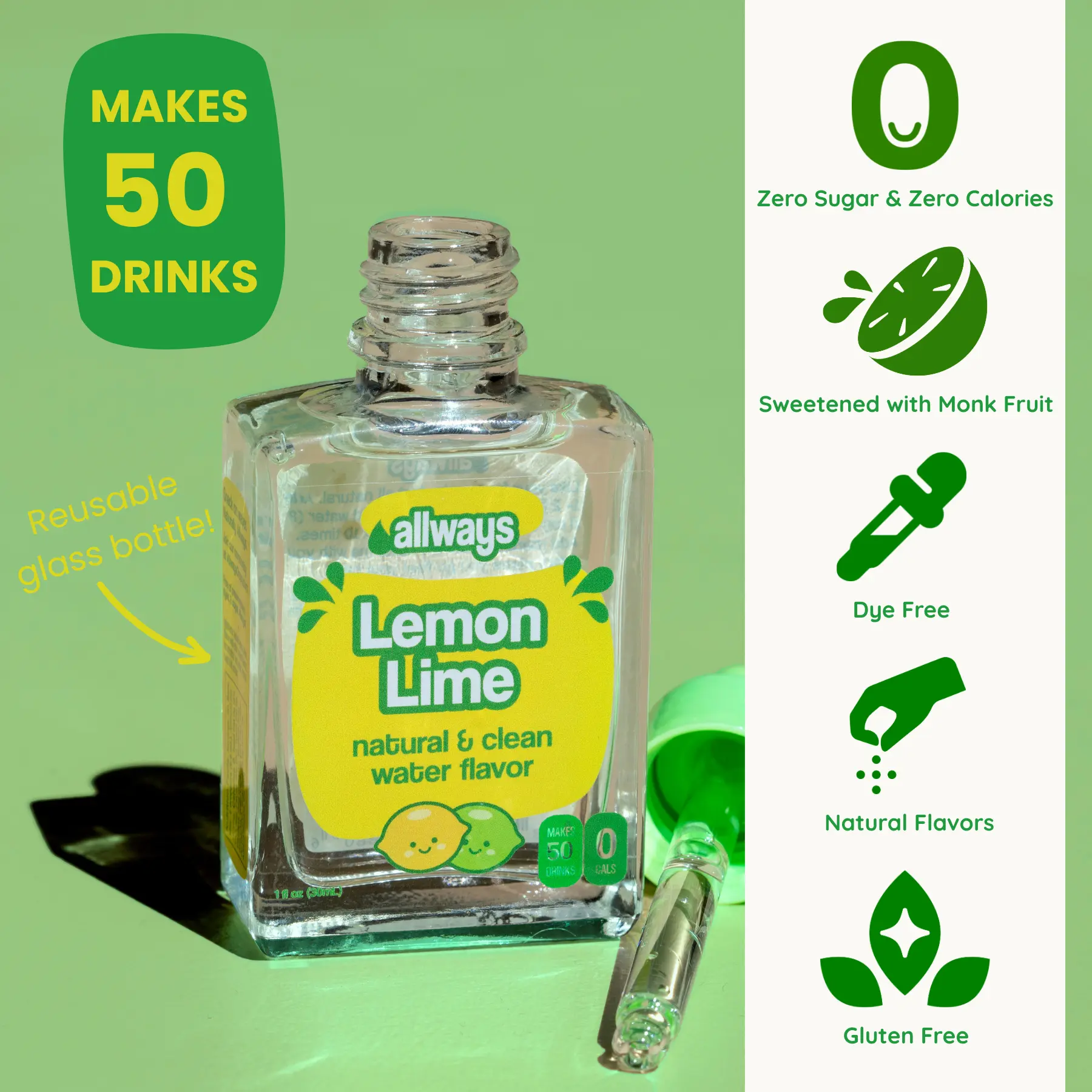 Allways Drops Lemon Lime Water Flavor Enhancer | Zero Sugar Lemon Lime Drink Drops | Naturally Sweetened Lemon Lime Soda Flavoring for Water Coffee and Mocktails